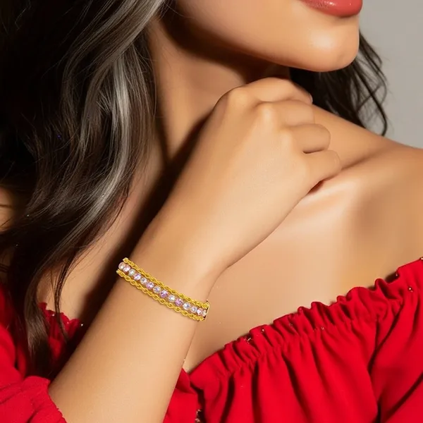 Gold_Brass_Multi_Layer_Pink_Cz_Rope_Chain_Bracelet_For_Women